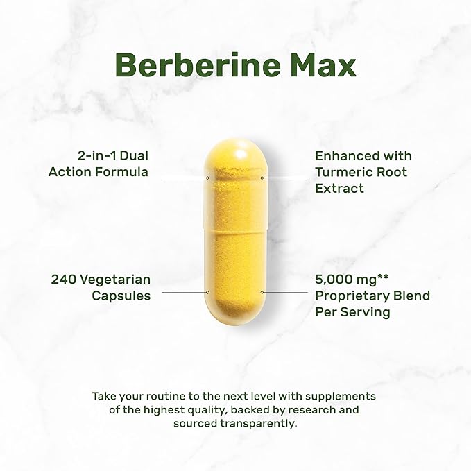 DEAL SUPPLEMENT Berberine Max Supplement with Turmeric, 5000 mg** Per Serving, 240 Vegetarian Capsules | Berberine HCl with Turmeric Root Extract | Non-GMO