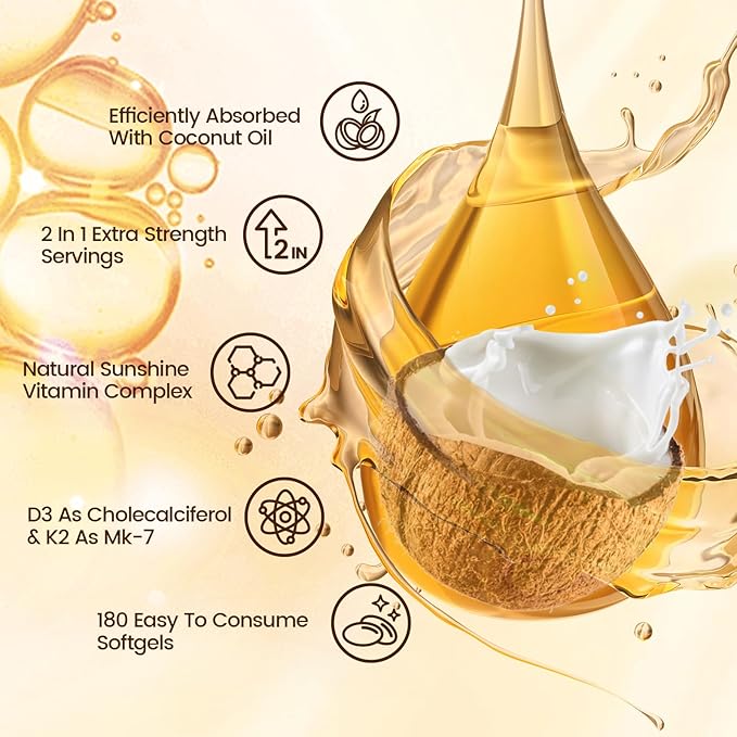 VivoNu Vitamin D3 K2 10000 IU with MK7-300 Virgin Coconut Oil Softgels, 2 in 1 Vitamins D & K Complex | Vitamina D3 con K2 (180 Capsules per / 1Bag)