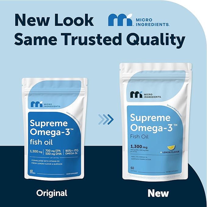 Micro Ingredients Supreme Omega-3 Fish Oil w/Ultra High EPA & DHA, Burpless Softgels | rTG Omega-3 with Vitamin D3 | Wild-Caught Cold Deep-Sea Fish | Lemon Flavor, Easy to Swallow, 60ct