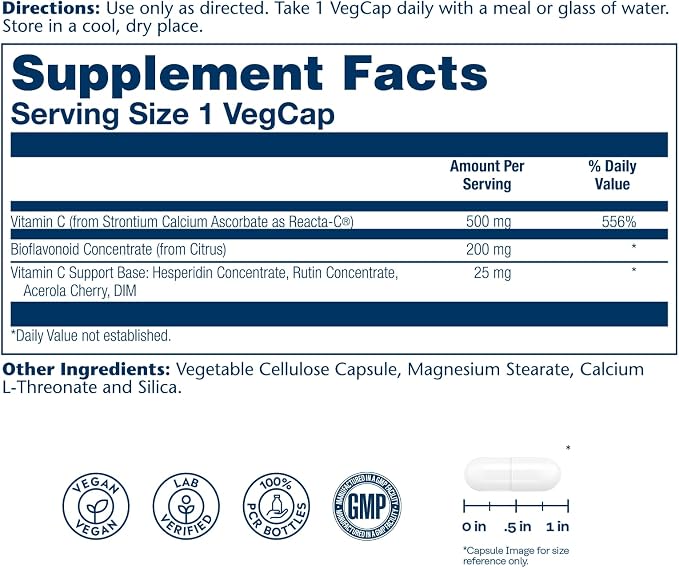 SOLARAY ReactaC Vitamin C 500mg - Patented 24-Hour Immune Support Supplement - Vitamin C with Bioflavonoids and Rutin - Antioxidant and Immune Defense - Vegan, 60-Day Guarantee - 60 Servings