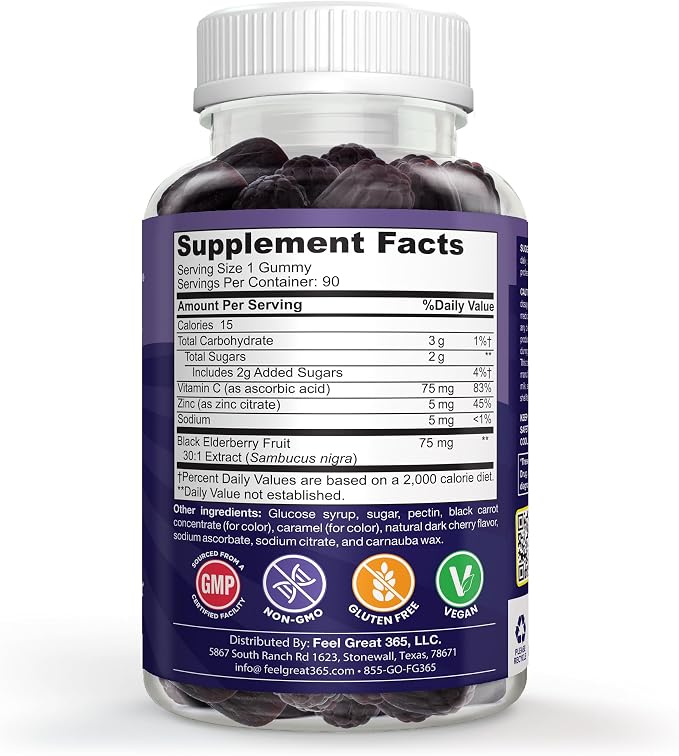 Feel Great Vitamin Co. Elderberry Gummies for Kids | Immune Support | Natural Antioxidant Immune Booster | with Vitamin C and Zinc | Gluten Free & Vegetarian | 90 ct 2 Pack