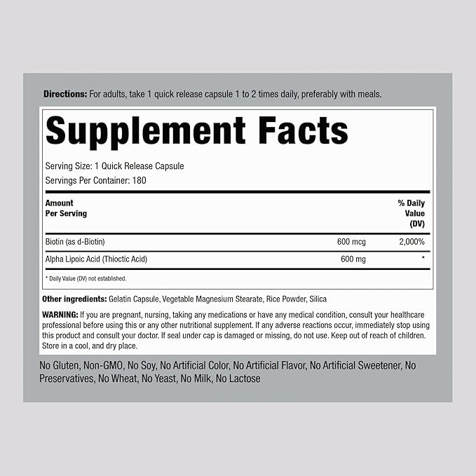 Piping Rock Alpha Lipoic Acid 600mg | 180 Capsules | Plus Biotin Optimizer | ALA Supplement | Non-GMO, Gluten Free