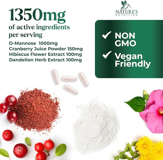 D-Mannose 1000mg Per Serving - Cranberry & Hibiscus - Effective Fast-Acting, Flush The Impurities for Bladder, Urinary Tract Health Support Supplement, for Women and Men, USA Bottled - 120 Capsules