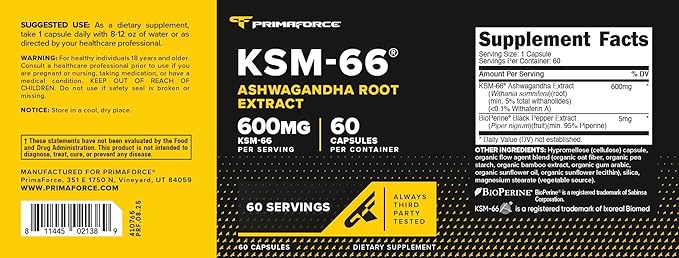 Primaforce KSM-66 Ashwagandha Root Extract (600mg) 60 Veggie Capsules - 5% Withanolides with BioPerine