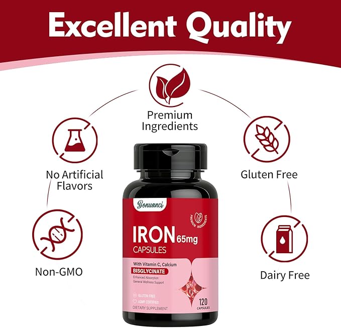 Iron Supplement - Iron 65mg High Absorption Iron Bisglycinate with Vitamin C, Calcium, Gentle Iron Pills for Women Men - Non GMO & Gluten Free, Stomach Friendly, 120 Capsules