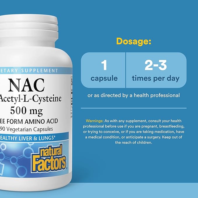 Natural Factors N-Acetyl-L-Cysteine 500 mg - Supports Healthy Liver & Lungs - Antioxidant Support Supplement Supports Immune System Health - 90 Vegetarian Capsules (90 Servings)