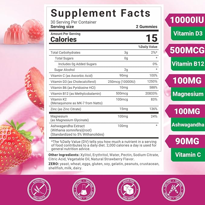 Vitamin D3 B12 Gummies, D3 B12 Vitamin for Adults, Vitamin D Supplement with Ashwagandha, Magnesium, Vitamin K2 for Immune & Energy Support