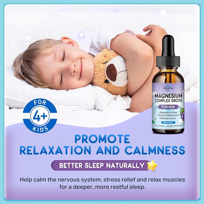 (2 Pack) Magnesium Glycinate Liquid for Kids, Kids Magnesium Liquid Drops Supplement with L-Theanine, Calcium, Zinc, Vitamin D3 K2 for Sleep Calm Relaxation Brain Bones Focus, Grape Flavor 4 Fl Oz