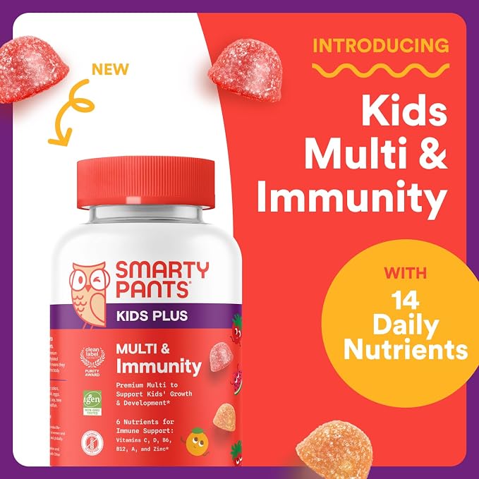 SmartyPants Kids Multivitamin & Immunity Gummies: Vitamins C, D, B6, B12, A, and Zinc for Immune Support, Biotin, Iodine, Gluten Free, Two Fruit Flavors, 60 Count (30 Day Supply)