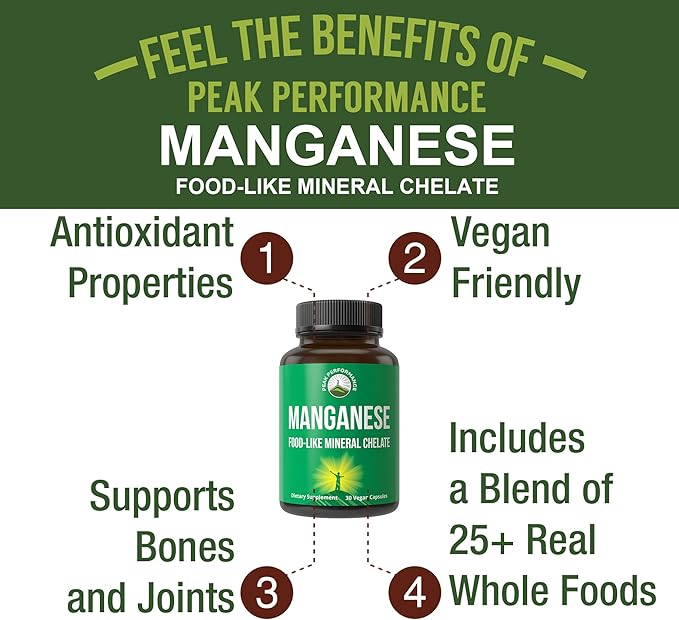 Manganese Supplement Food Like Mineral Chelated for Superior Absorption with Whole Food Blend of 25+ Fruits & Vegetables. Pure Trace Mineral Capsules for Connective Tissue, Bone Health, Enzyme Support