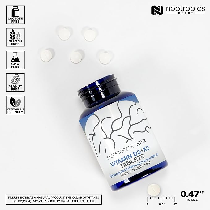 Nootropics Depot Vitamin D3 + K2 with Vitamin C Tablets | 365 Count | Cholecalciferol + Menaquinone-4 (MK-4) | Mood, & Bone Health | Healthy Calcium Absorption