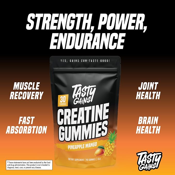 TASTY GAINS Creatine Gummies - 90g of Creatine Monohydrate - Workout Supplements - Build Muscle & Boost Strength for Men & Women - Made in USA - Non GMO - Vegan Friendly (Large, Pineapple Mango)