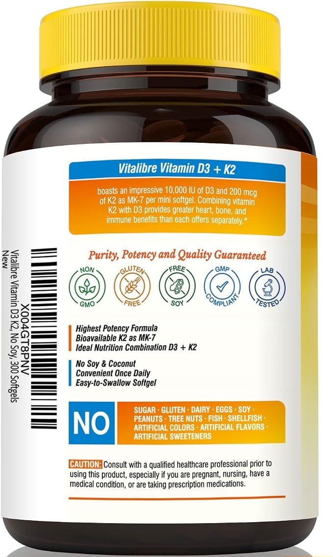 Vitalibre Vitamin D3 K2 Supplement, 10000 IU D3 / 200 mcg K2 MK7, Calcium Absorption, Bone, Heart, Immune & Mood Support, Enhanced Absorption, No Soy, Easy to Swallow, 300 Softgels
