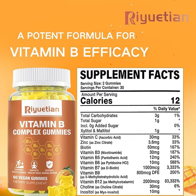 Vitamin B Complex Gummies with Biotin,Choline + Inositol, Vitamin C + Zinc for Supports Energy, Brain, Mood, Immune, Healthy Hair, Skin - Natural Mango Flavor - Vegan Diet - 120 Vegan