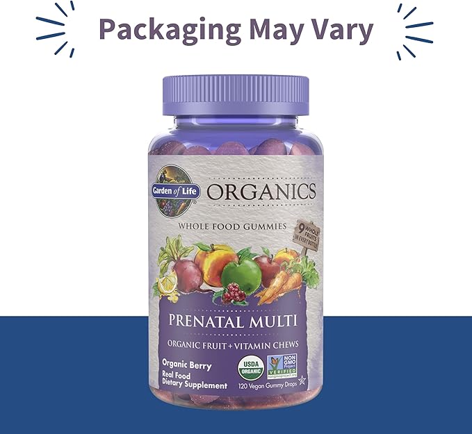 Garden of Life Organics Prenatal Gummies Multivitamin with Vitamin D3, B6, B12, C & Folate for Healthy Fetal Development – Organic, Non-GMO, Gluten-Free, Vegan, Berry Flavor, 30 Day Supply