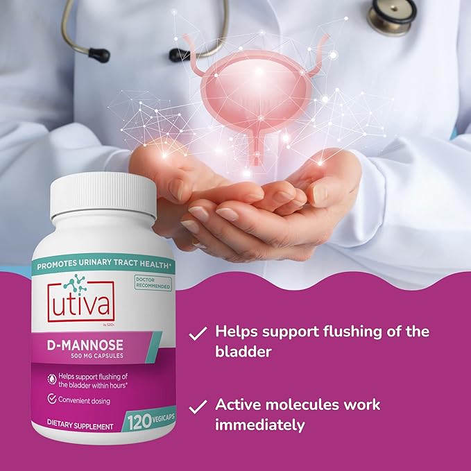 20% Bundle Utiva Cranberry PACs 30 Vegi Capsules Cranberry Supplement for Urinary Tract Health for Women and Men + Utiva D-Mannose 500mg 120 Capsules Naturally Flush The Bladder and Urinary Tract