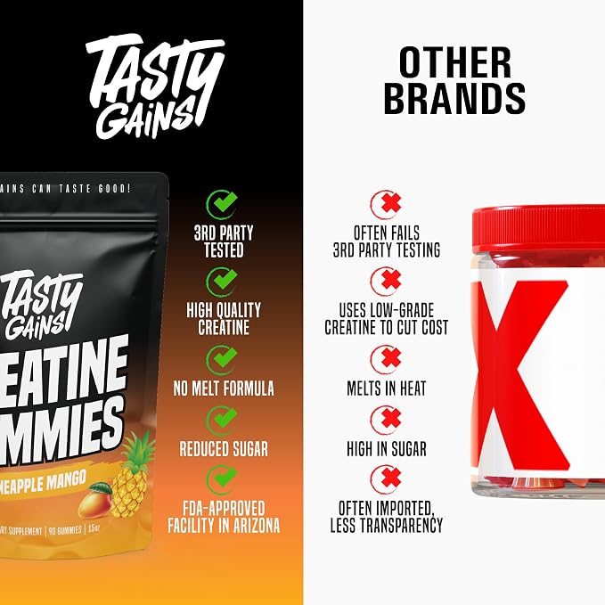 TASTY GAINS Creatine Gummies - 90g of Creatine Monohydrate - Workout Supplements - Build Muscle & Boost Strength for Men & Women - Made in USA - Non GMO - Vegan Friendly (Large, Pineapple Mango)