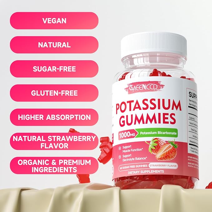 Potassium Gummies, Potassium Bicarbonate Supplement for Adults & Kids, Potassium Supplement for Electrolyte Balance & Muscle Heath, Sugar-Free, Strawberry Flavor, 60 Count