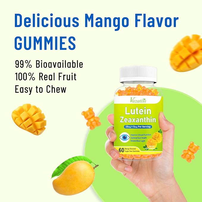 Eye Vitamins Lutein & Zeaxanthin Gummies, Sugar Free Eye Health Supplements with Bilberry, Astaxanthin - Support Blue Light, Visual Function and Macular Health - Mango Flavored, 60 Count