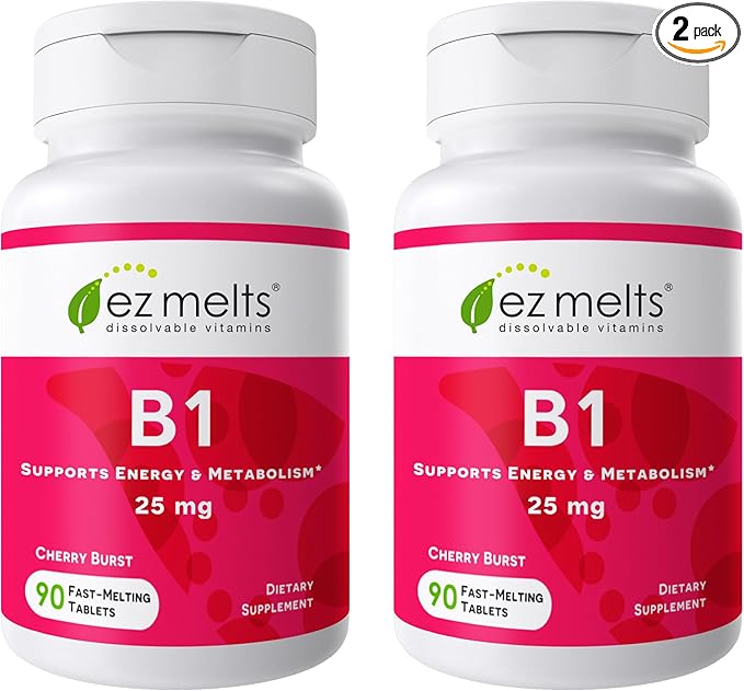 EZ Melts Dissolvable Vitamin B1 25 mg - Thiamin Supplement for Energy, Stress & Cellular Support - No Artificial Flavors - Non-GMO & Vegan - Cherry Burst - 180 Dissolvable Tablets (90 Servings)