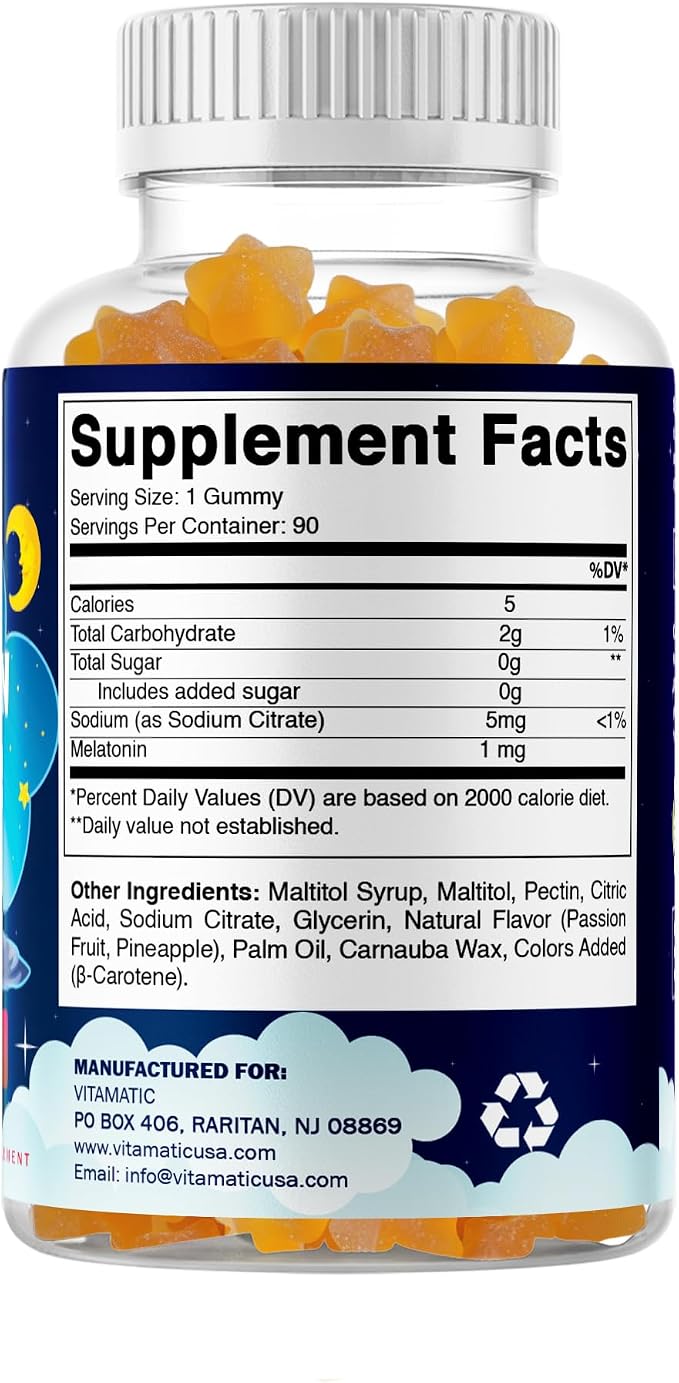 Vitamatic Sugar Free Kids Melatonin 1mg, 90 Gummies, Pineapple & passionfruit Flavored Gummies, 90 Days Supply
