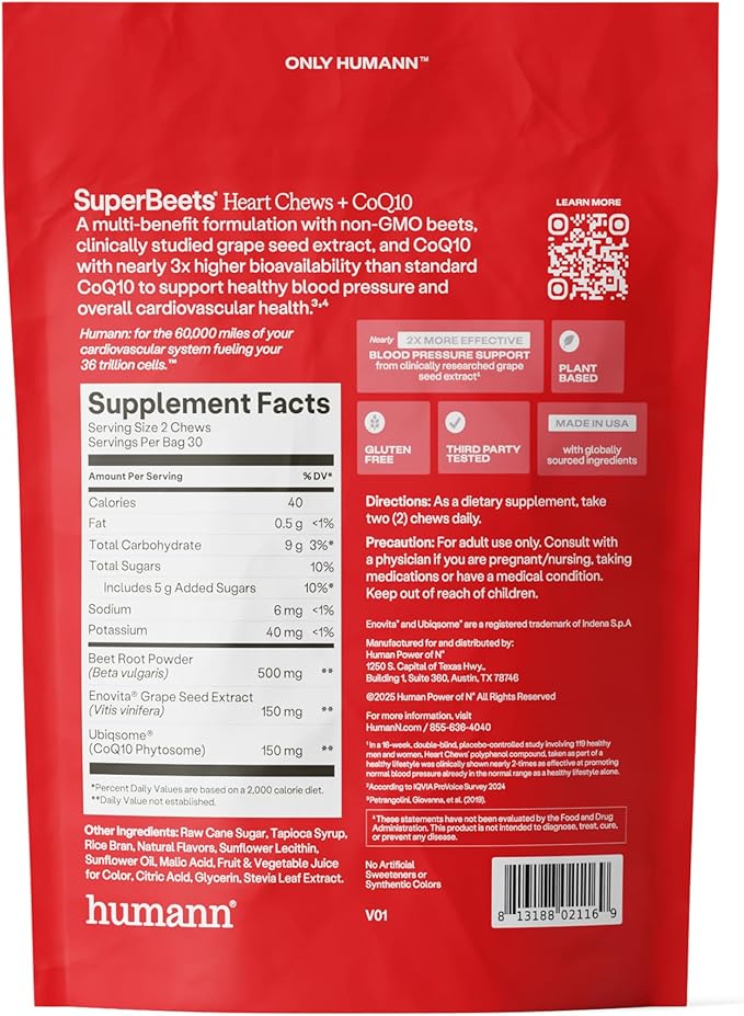 Humann SuperBeets Heart Chews + CoQ10-150mg of CoQ10 Plus Beetroot & Grape Seed Extract, Blood Pressure Support, Support Healthy Blood Flow, Circulation, 120 Count