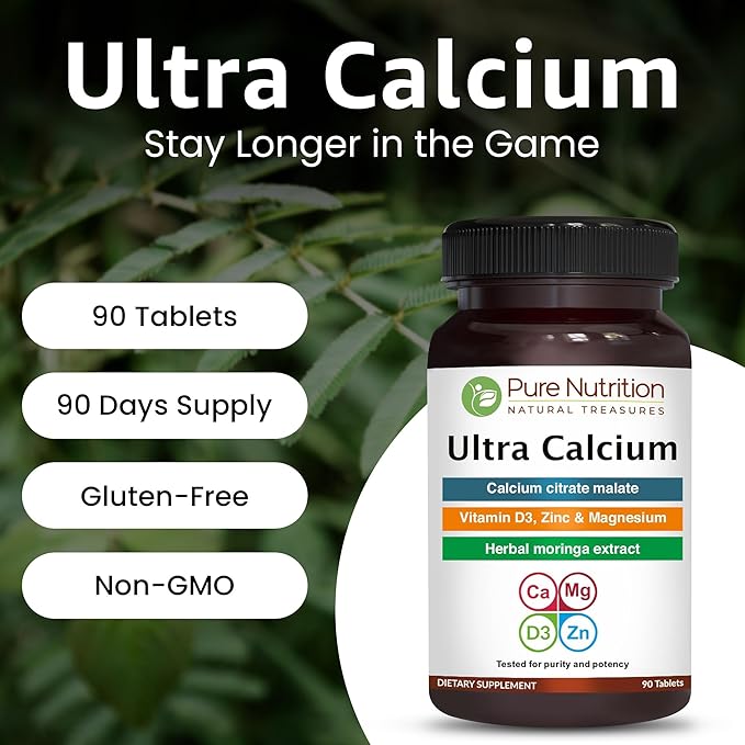 Pure Nutrition Ultra Calcium 1000mg with VIT D3 + K | 90 Tab | Calcium Supplement with Calcium Citrate Malate, VIT D3, K, Moringa Oleifera, Magnesium and Zinc.