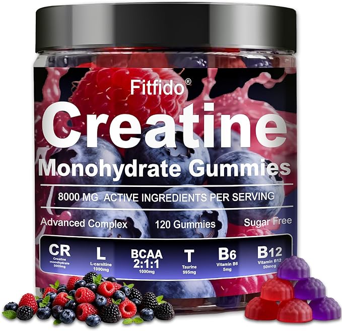 Creatine Monohydrate Gummies Complex 5000mg for Men and Women, Containing L-carnitine & Taurine, Build Muscle, Boost Energy, Faster Recovery, Sugar Free & Vegan, Raspberry & Blackberry, 120 Count