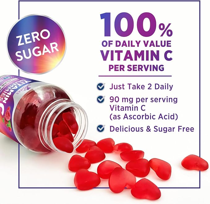 Vitamin C Gummies - 100% of Daily Vitamin C & Sugar Free - Immune Support with Powerful Antioxidants - Nature's Vegan VitaminC Dietary Supplement - Raspberry Flavor for Kids & Adults - 120 Gummies