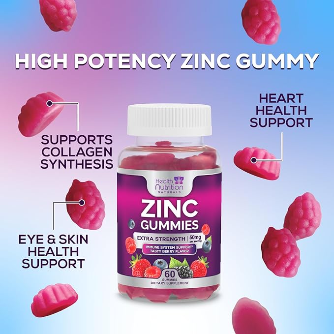 Zinc Gummies 50mg per Serving - Extra Strength Immune Support Antioxidant Gummy, Non-GMO & Gluten Free - Best Zinc Supplement for Skin Bone & Heart Health - Chewable Tasty Berry Flavor - 60 Gummies