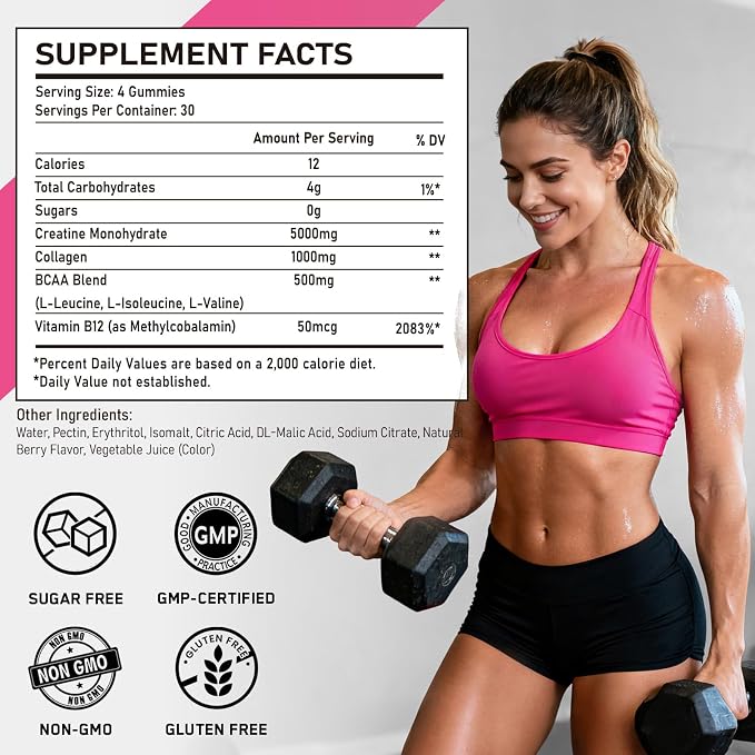 Creatine for Women, 5000mg Complex with Collagen & BCAAs, Vitamin B12, Creatine Monohydrate Gummies for Women, for Lean Muscles, Booty, Focus & Energy, Pre-Workout Chewbles, Sugar-Free, 120 Count