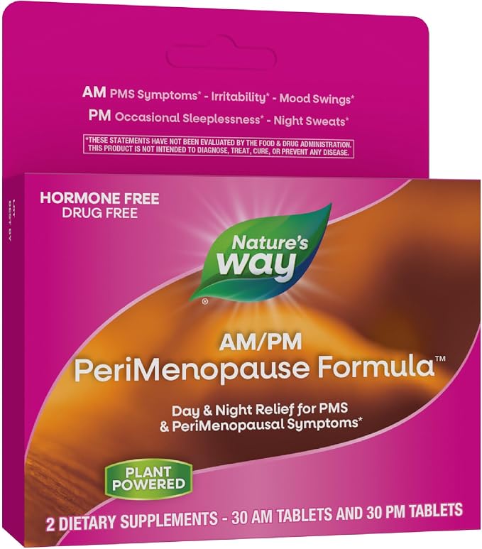 Nature's Way AM/PM PeriMenopause Formula, Perimenopause and PMS Symptom Support*, Hormone-Free, Hot Flashes*, PMS Symptoms*, Restful Sleep*, 30 AM & 30 PM Tablets (Packaging May Vary)