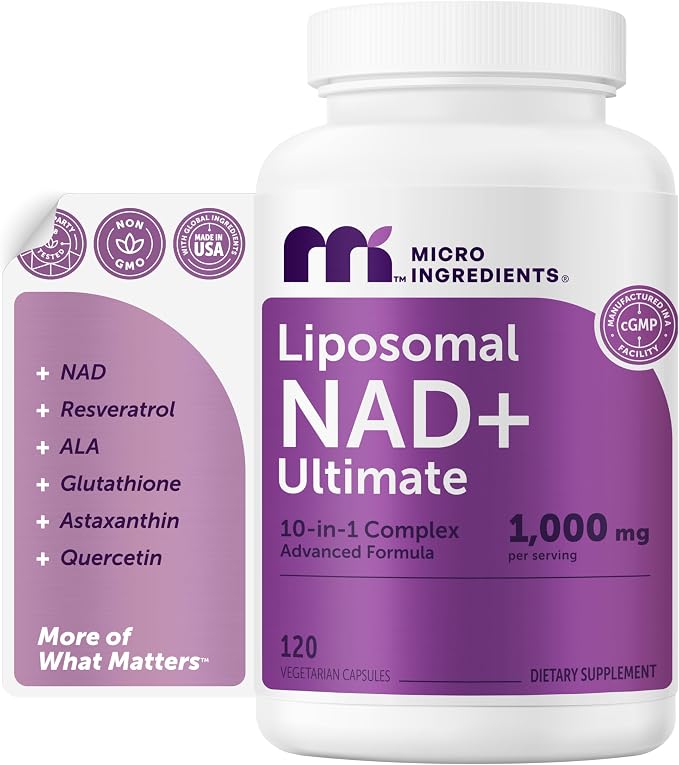Micro Ingredients Liposomal NAD+ Ultimate Complex 1,000mg | 120 Veggie Capsules | NMN Pathway Formula | 10-in-1 with Resveratrol, Glutathione, & Astaxanthin | NAD Supplement for Women & Men