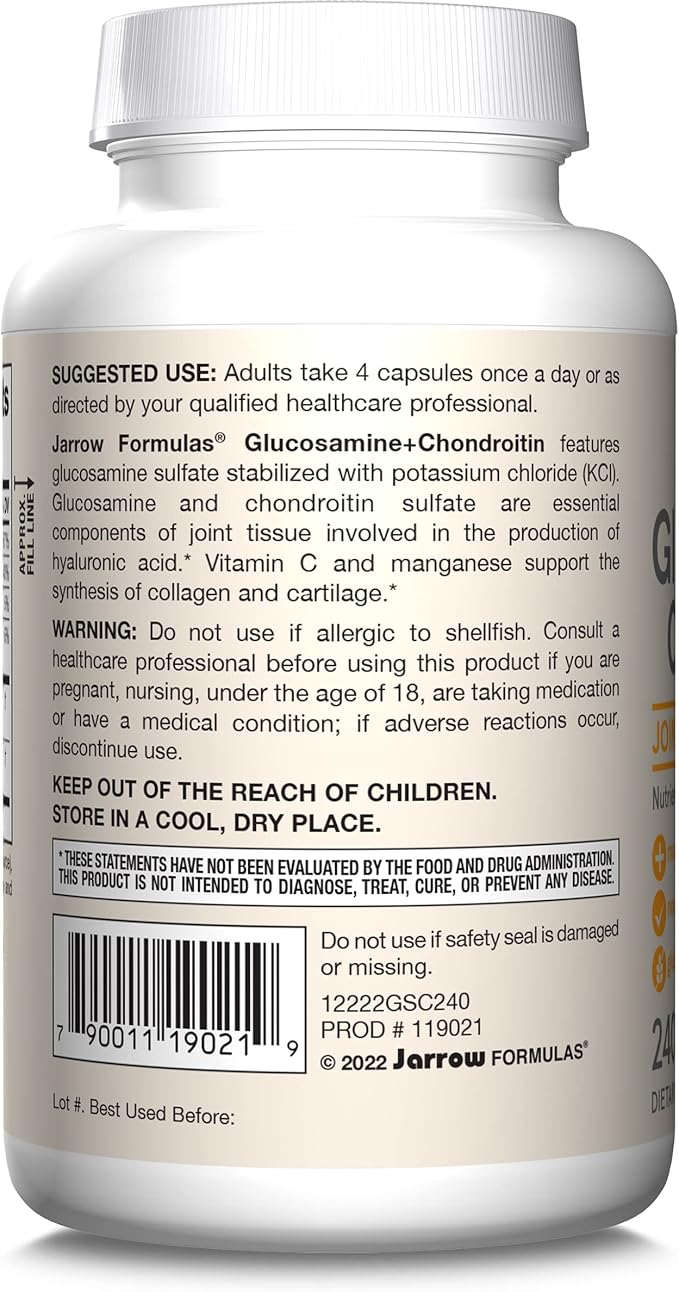 Jarrow Formulas Glucosamine + Chondroitin - 240 Capsules - Nutrient Support - Dietary Supplement for Joint Health - with Vitamin C & Manganese - 60 Servings