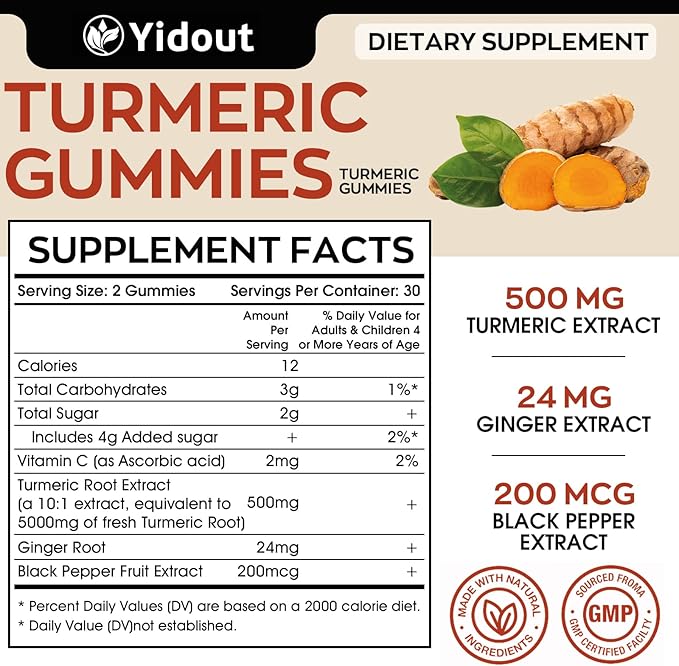 Turmeric Curcumin Gummies, Gummy with 500mg Turmeric Curcumin and Ginger with Black Pepper Extract for High Absorption,Mango Flavor (60 Count（Pack of 1）)