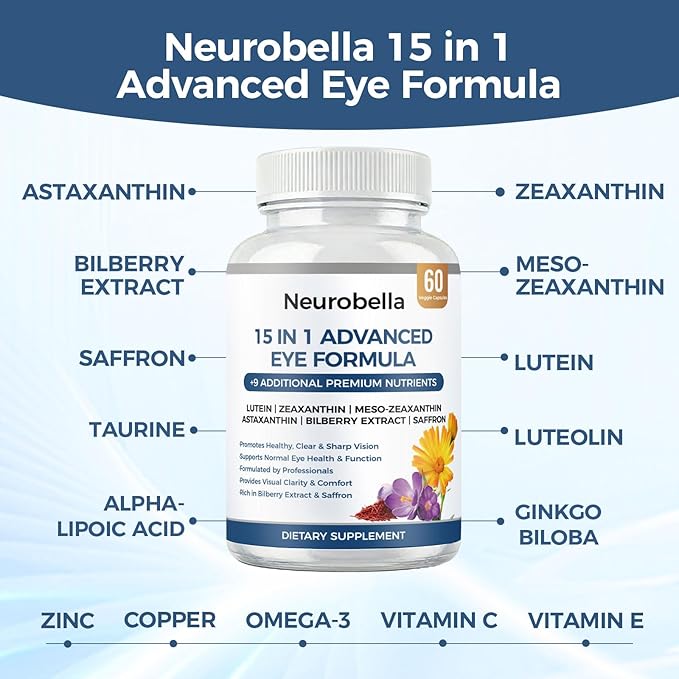 Neurobella Eye Formula, Neurobella 15 in 1 Advanced Eye Formula with All 3 Carotenoids, Lutein & Zeaxanthin, Saffron & Bilberry Extract
