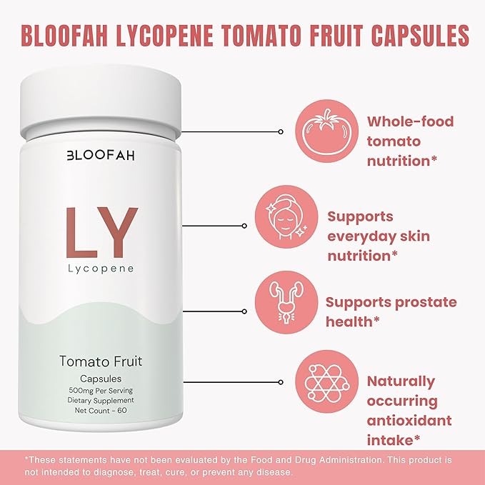 Lycopene Supplement Capsules 500mg – Tomato Fruit Powder with Natural Lycopene for Antioxidant & Daily Wellness Support | Gluten Free, Non-GMO (60 Count (Pack of 1))