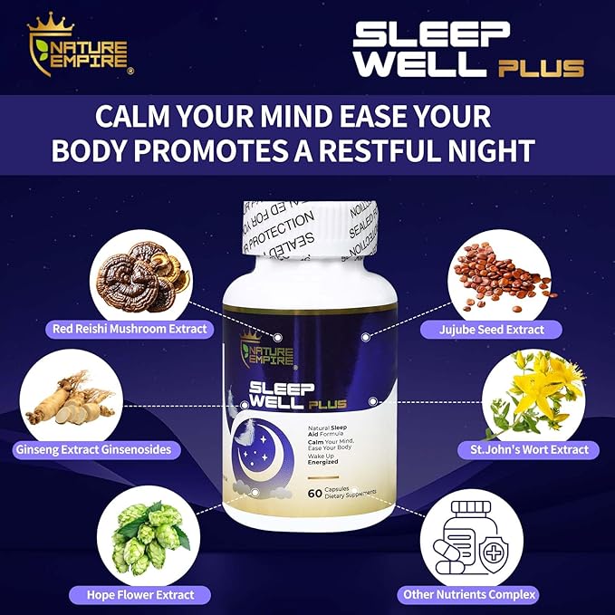 Fast Acting Sleep Aid 12 in1 Supplement for Adults with Meatonin,Reishi Mushroom,Ginsenosides,Extract of St.John's Wort ,Jujube Seed,Hops Flower,Non-Habit Formula for Relaxation, 60 Capsules