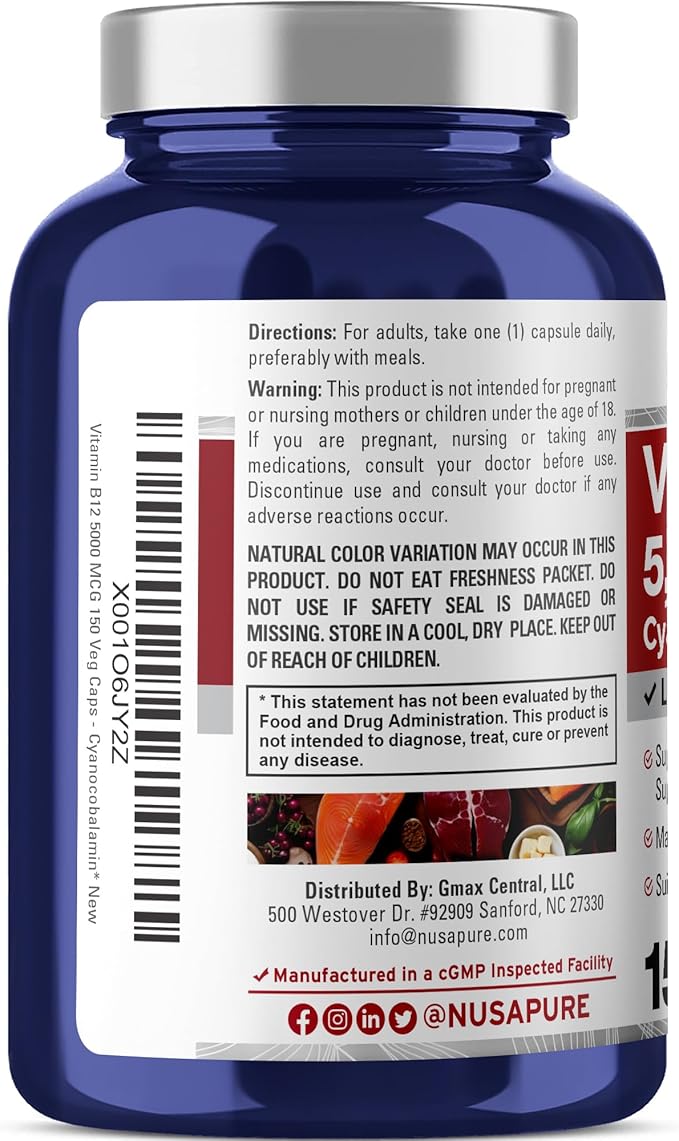 NusaPure Vitamin B12-5000 MCG 150 Veggie Capsules (Non-GMO, Vegan) - Max Strength Vitamin B12
