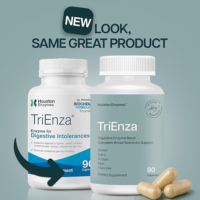 Houston Enzymes TriEnza - Digestive Enzyme Supplement for Gluten, Casein, Soy, Proteins, Carbohydrates, Fats & Polyphenols - Digestive Enzymes for Women & Men (60 Capsules)