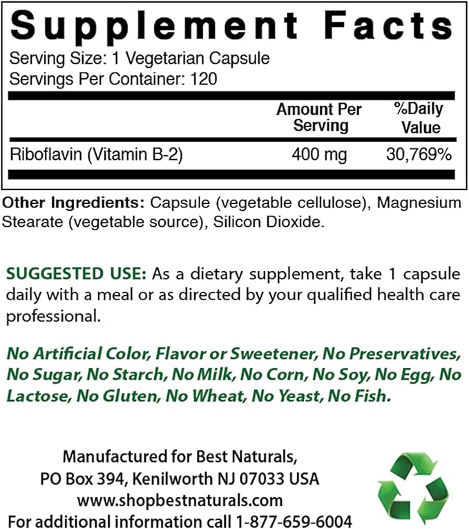 Best Naturals Vitamin B2 (Riboflavin) 400mg & Vitamin B-6 25 Mg