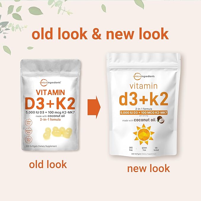 Micro Ingredients Vitamin D3 5,000 IU + K2 MK-7 100 mcg, 300 Softgels | Virgin Coconut Oil | 2-in-1 Support | Easy to Swallow, Non-GMO