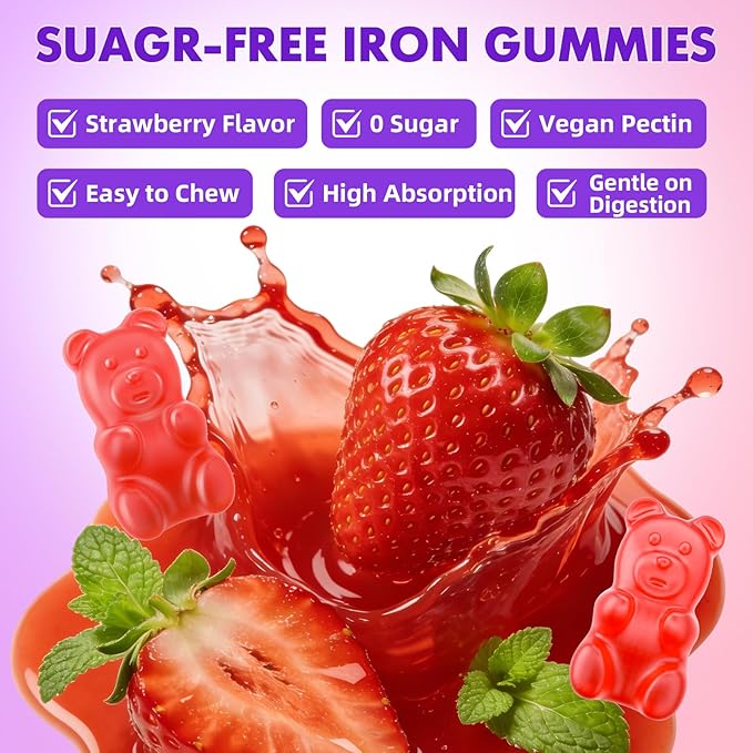 softbear Iron Gummies for Women & Men & Kids, Chewable Iron Supplements with Vitamin C,B3,B5,B6,B12 Supports Immune System, Energy & Vitality, Sugar-Free/Vegan, Strawberry Flavor 60 Count