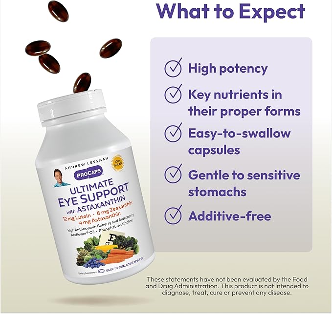 ANDREW LESSMAN Ultimate Eye Support with Astaxanthin 30 Softgels - 12mg Lutein, 6mg Zeaxanthin, 4mg Astaxanthin, Bilberry. Key Nutrients to Support Eye Health, Promote Healthy Vision. No Additives