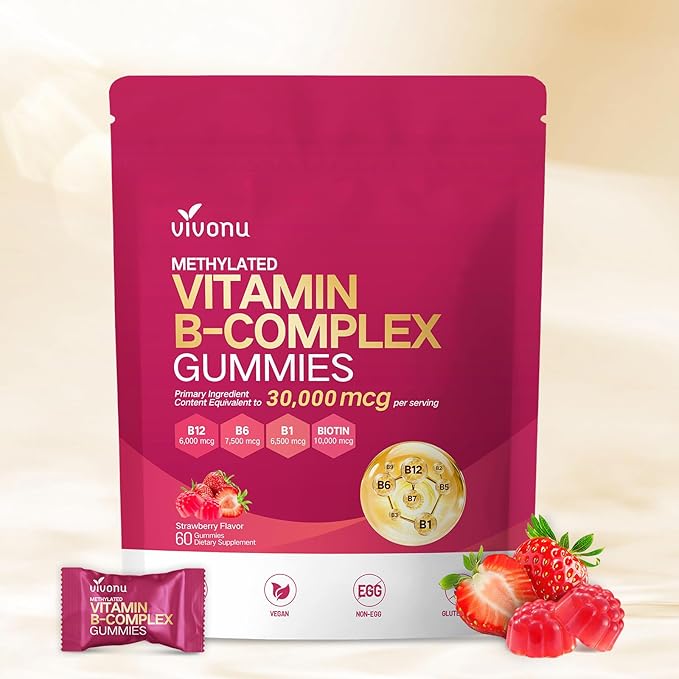 VivoNu Vitamin B6 Gummies for Women & Men, with Vitamins B12, B1, B3, B5, A, C, D, E, Folate, Choline, Inositol, Complex Vitamin B for Energy, Natural Ingredient, Sugar Free & Non GMO