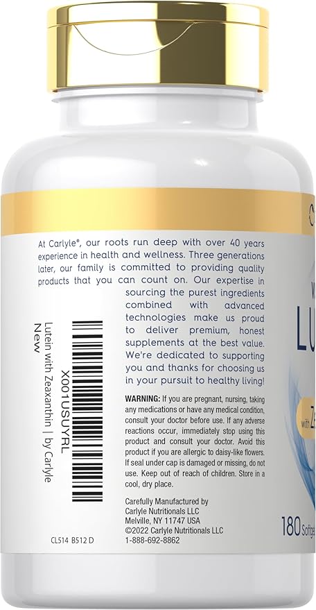 Carlyle Lutein and Zeaxanthin Supplement | 40mg | 180 Softgels | Pills for Eyes | Eye Health Vitamins | Visi-Gold | Non-GMO and Gluten Free