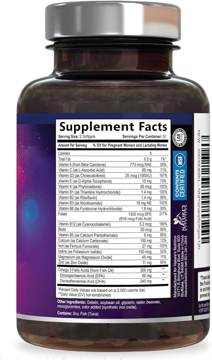 Prenatal Vitamins for Women with Folic Acid + Omega 3 DHA for Fetal Brain Development, Best Prenatal Vitamin Supplement, Daily Pregnancy Multivitamin Nutritional Support, Non-GMO - 120 Softgels