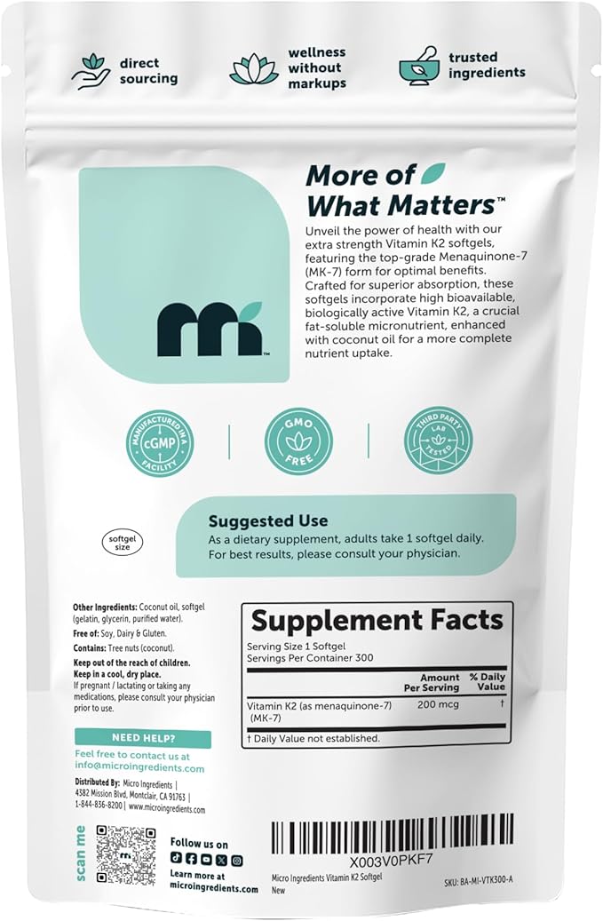 Micro Ingredients Vitamin K2 MK-7 200 mcg Per Serving, 300 Coconut Oil Softgels | K2 Vitamin Supplement with Coconut Oil | Non-GMO