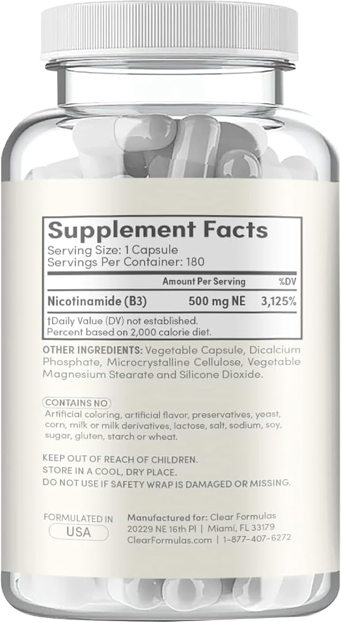 Vitamin B3 Nicotinamide 500mg - High Absorption Form of Vitamin B3 Niacin Flush Free for Hear Skin Brain and Energy Support - NAD Precursor - Made in a cGMP American Facility (180 Servings)
