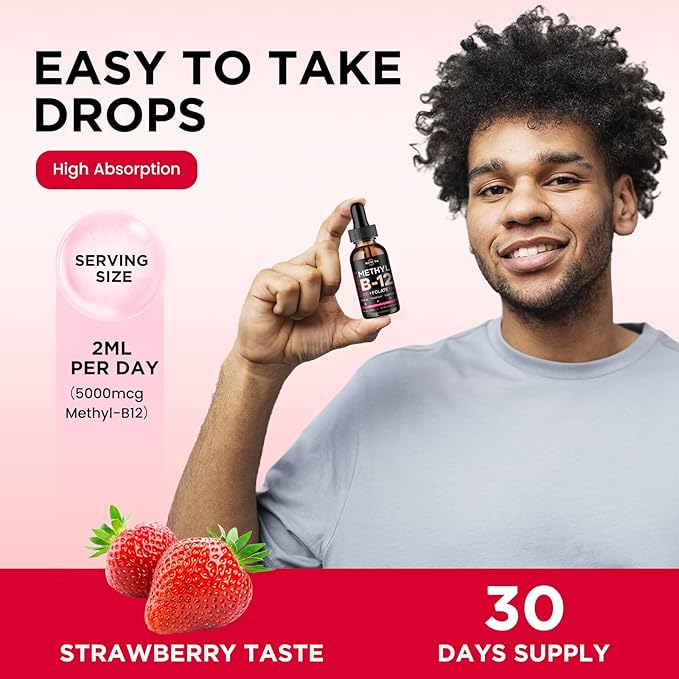 Vitamin B12 liquid Drops, B12 vitamins 5000 mcg, Vitamin B Complex Supplement with Methylcobalamin B12 Sublingual, Vitamin B6, Folate for Energy, Brain, Heart Health, Vegan Strawberry Flavor 2 Fl Oz